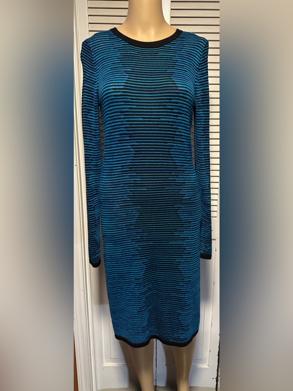 Michael Kors Sweater Dress Blue & Black Stripes Long Sleeves Medium